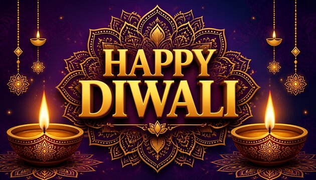 Happy diwali greeting with ornate golden diya lamps and intricate mandala pattern, symbolizing light, prosperity, and celebration of the hindu ...
