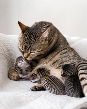 Tabby cat mother licking one of her newborn kittens on a soft white blanket