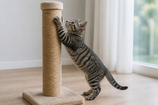 Tabby kitten stretching and sharpening claws on a sisal rope scratching post