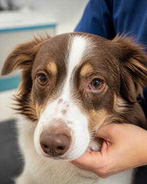 Close-up of a brown and white dog with discharge from its eye