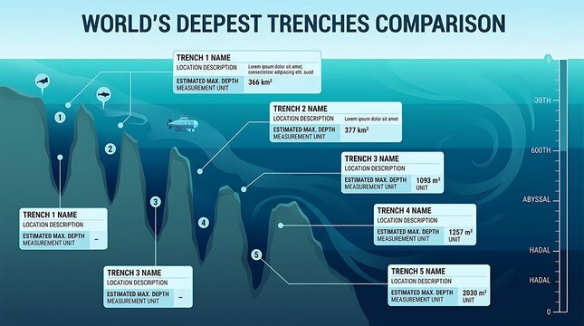 Oceanic trench depth comparison infographic with data placeholders