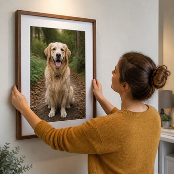 Woman hanging framed dog portrait on a white wall at home