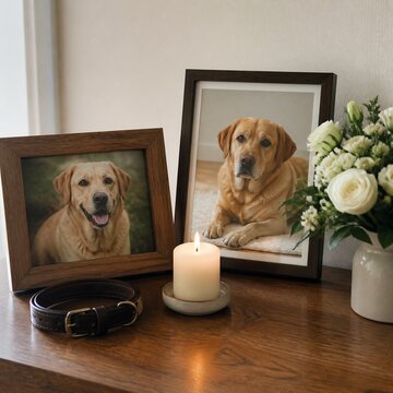 Pet memorial display with framed photos of a labrador, a burning candle, and a collar