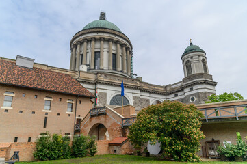 Esztergom Basilica dome and bell tower seen from the old castle courtyard garden, Hungary © Michal Plevko