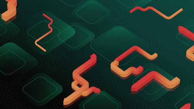 Seamless loop of abstract kinetic maze with moving pipe segments and curvy geometric tracks. Oddly satisfying motion design animation of sliding circuit paths and rounded square frames background.