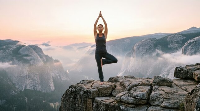 Woman Practicing Yoga Pose on a Rocky Cliff Overlooking a Misty Mountain Landscape