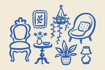 Plakat Cozy Interior Furniture Hand Drawn Doodle Set