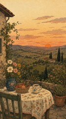 Obraz premium Vintage-style sunset over Tuscan hills, perfect for mobile wallpaper.