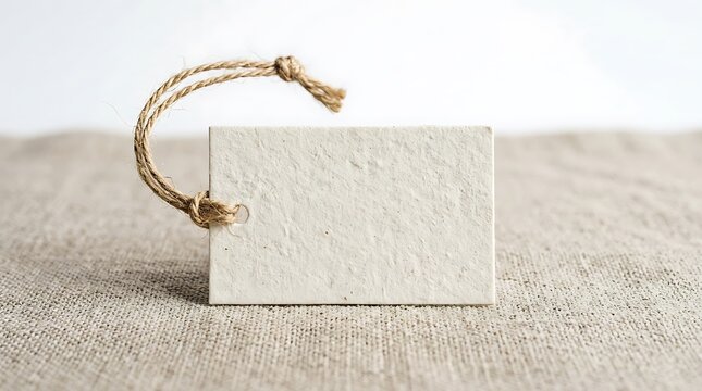 Blank paper tag with twine string on rustic burlap background