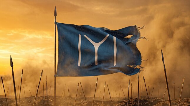 Kayı Boyu Bayrağı - Blue Kayi Tribe Flag with Traditional Turkic IYI Symbol - t&uuml;rk&ccedil;esi nedir