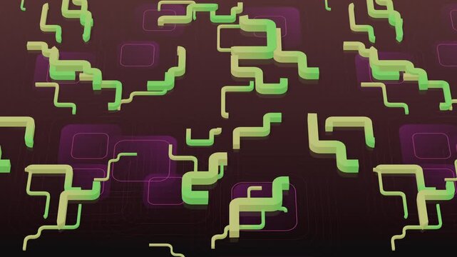 Seamless loop of abstract kinetic maze with moving pipe segments and curvy geometric tracks. Oddly satisfying motion design animation of sliding circuit paths and rounded square frames background.