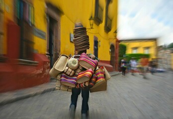 Naklejka premium Indigenous man selling the authentic, hand made fedora straw hats and wicker baskets on the cobblestone streets of San Miguel de Allende Mexico.