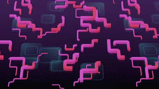 Seamless loop of abstract kinetic maze with moving pipe segments and curvy geometric tracks. Oddly satisfying motion design animation of sliding circuit paths and rounded square frames background.