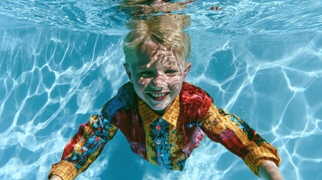 Boy swims underwater in a pool, enjoying the moment while wearing a colorful shirt