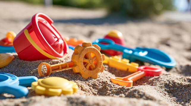 Colorful children's toys arranged in a bright outdoor sandpit sand toys sandpit childhood outdoor play playground colorful toys imaginative play still life recreation bright with