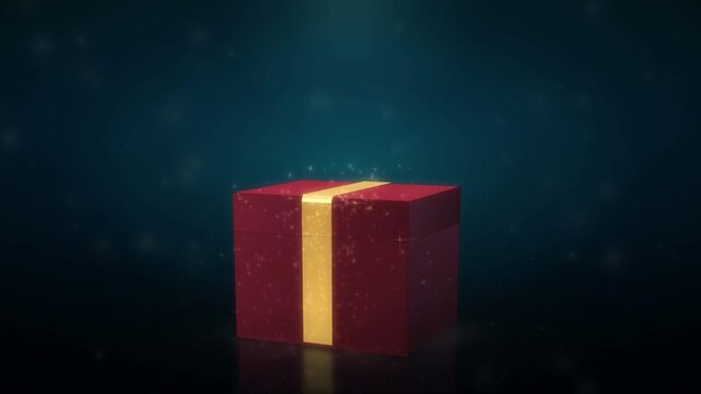 Red gift box with gold ribbon forming from sparkles and opening with golden light beam