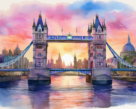 London tower bridge watercolor painting at sunset