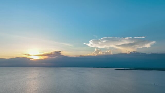 Hefei Chaohu Sunset Aerial Timelapse: Lone Cloud Glows Gold Over Calm Waters and Distant Islands