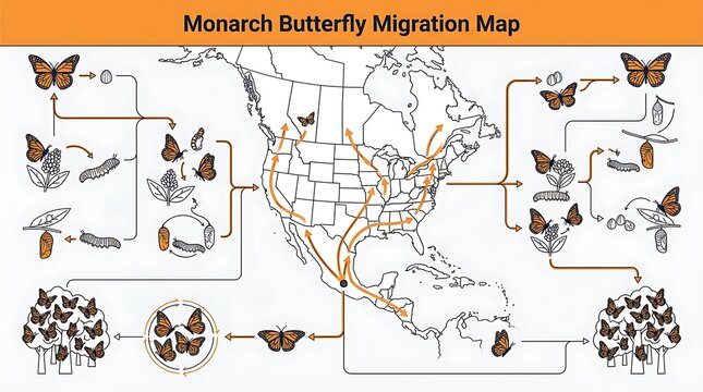 Monarch butterfly migration map and life cycle infographic