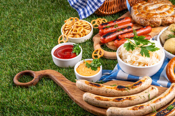 Naklejka premium Oktoberfest picnic and barbecue food, Oktoberfest bavarian party menu