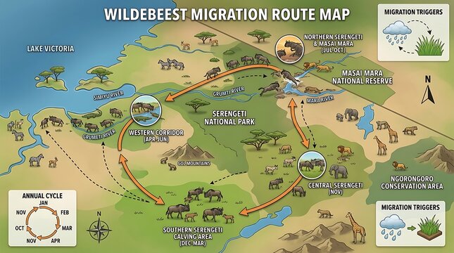 Wildebeest migration route map across east african savanna
