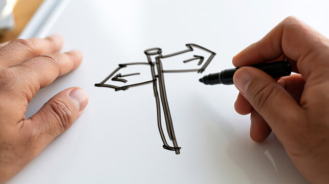 Close up of a hand drawing an outsource or in house signpost illustration on a bright whiteboard hands only composition outsource in house signpost whiteboard drawing business
