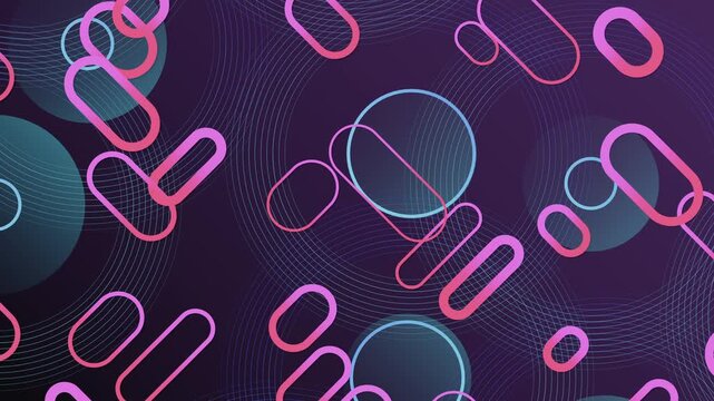 Seamless loop of abstract geometric pattern with sliding rounded capsule shapes and concentric circles. Oddly satisfying kinetic motion design animation showing perpetual rhythmic balance background.