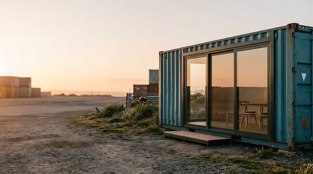 Modern blue shipping container house stands in open landscape at sunset