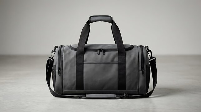 Gray athletic duffel bag on studio floor