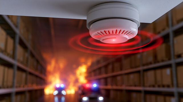 Smoke detector alarm in warehouse with fire and emergency