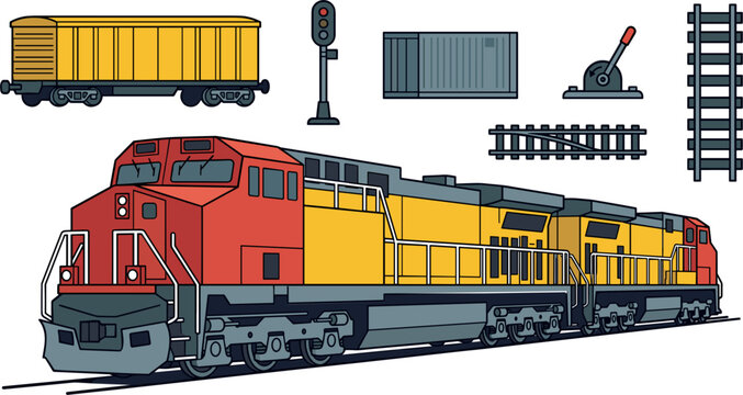 Set of train elements including locomotive, freight car, railway tracks, signal and switch lever