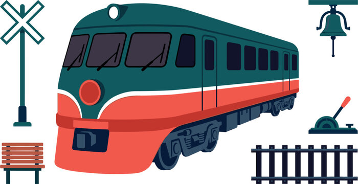 Set of train elements including locomotive, railroad tracks, bench, signal bell, and switch lever