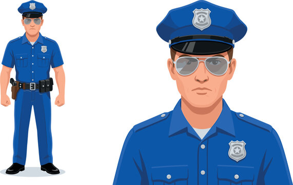 Police officer in blue uniform and sunglasses standing in full length and close up portrait