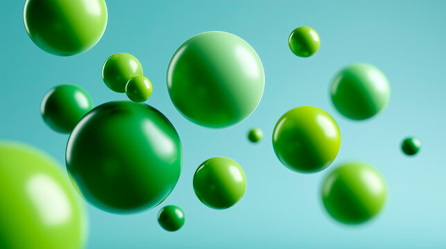 Abstract 3D geometric design with smooth green and lime spheres on a soft blue background. Minimalist futuristic wallpaper 