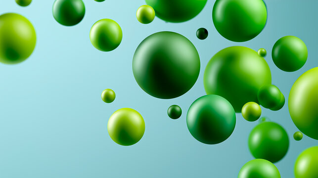 Abstract 3D geometric design with smooth green and lime spheres on a soft blue background. Minimalist futuristic wallpaper 