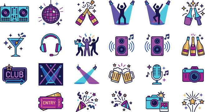 Set of party and nightclub icons including dj equipment, disco ball, drinks, music, and celebration