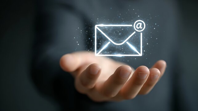Hand gently holds luminous email icon, bright communication concept representing digital mail and online message delivery