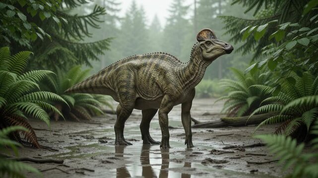 Corythosaurus Tilts Head While Standing In Muddy Forest