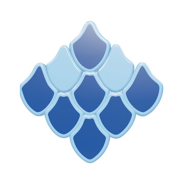 A 3D rendered glossy blue dragon scale pattern icon featuring overlapping shield shapes in a diamond arrangement isolated on a white background, for fantasy isolated on a transparent background