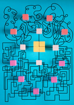 complex messy management or organization, business distraction,chaotic decision tree,communication breakdown and poor teamwork, vertical format suits smartphones