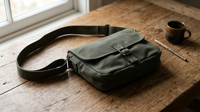 Green canvas messenger bag on rustic wooden table