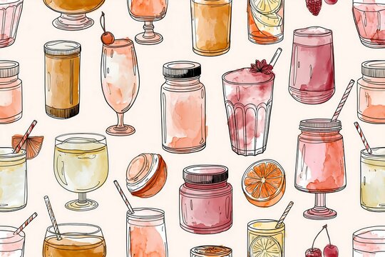 Seamless watercolor beverage pattern with hand drawn colorful cocktail glasses, smoothies and juices for cafe menu backdrop
