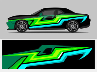 Fototapeta premium Black sports car with neon green and cyan racing stripes.