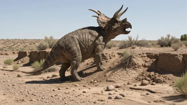 Diabloceratops walking across an arid landscape and stepping onto a dirt bank