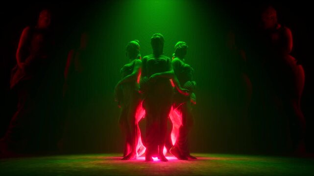 3D Render of Circle of Female Statues Illuminated by Green Spotlight and Red Floor Glow
