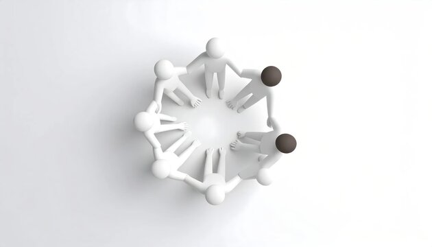 Minimal 3d Figures Holding Hands in Circle on White Background