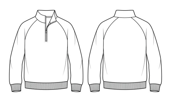 Mens, quarter, zip, sweatshirt, technical, sketch, front, back, view, raglan, sleeve, fleece, pullover, vector, flat, fashion, CAD, mockup, outline, template