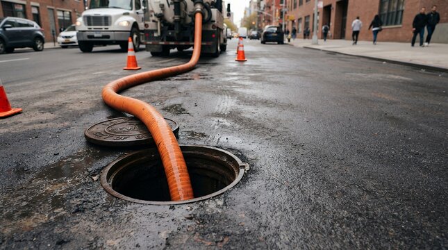 Industrial sewer jetting hose cleaning a city manhole during municipal maintenance work.