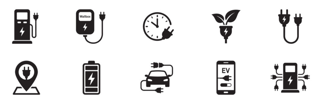 Electric vehicle charging icon set. EV station, wallbox charger, eco leaf plug, cables, location pin, battery level, car charging, smartphone app, multi-connector. Vector illustration.