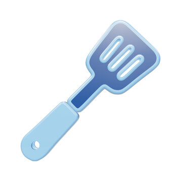 3D rendered icon of a blue kitchen spatula with slots, isolated on a white background, for cooking, frying, and food preparation, tools and concepts isolated on a transparent background